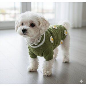 NEW Boho Sage Green Daisy Knit Dog Sweater - Size Medium